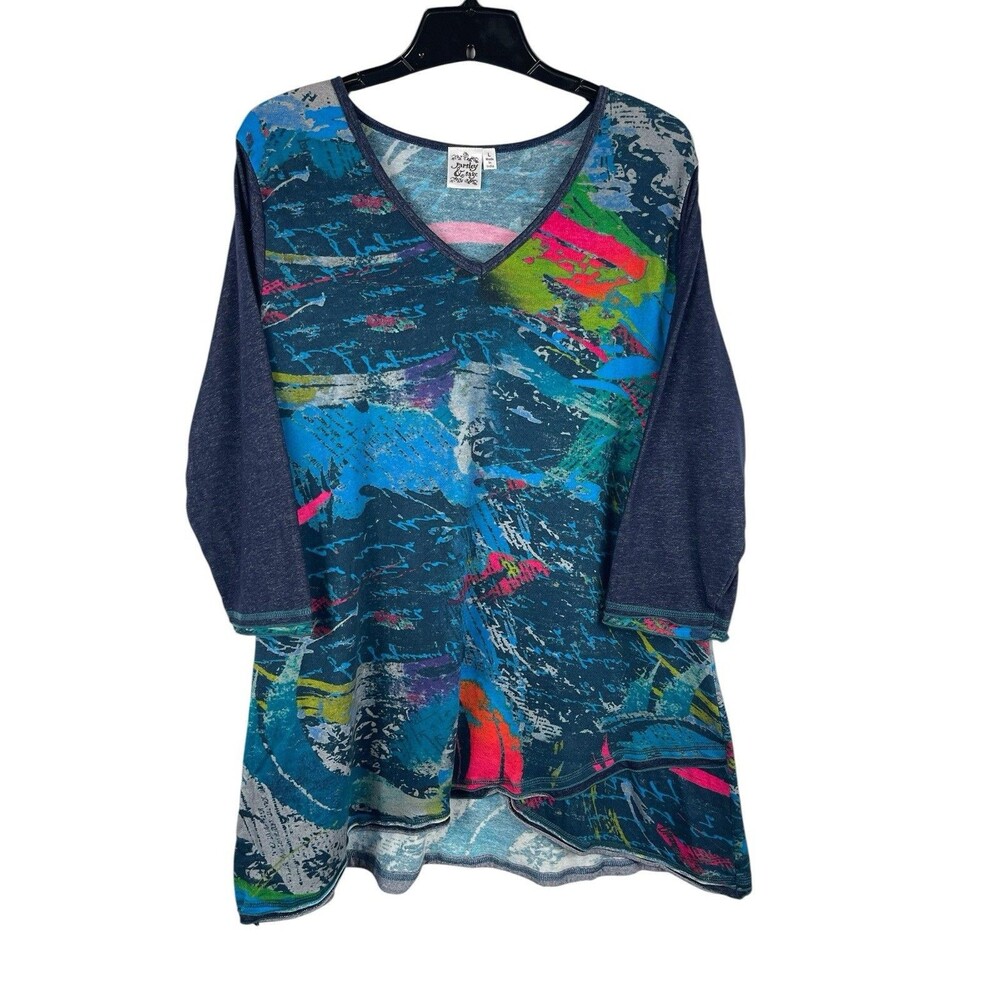 Parsley & Sage Abstract Print Tunic Top L Blue Multicolor Artsy Boho V-neck